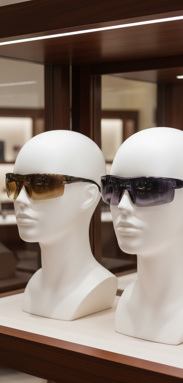 Two mannequin heads wearing sunglasses on a display shelf.